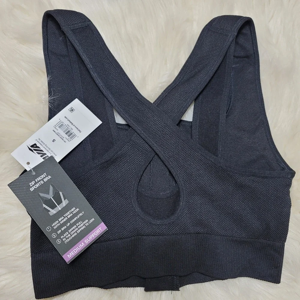 NWT Avia Sports Bra Sz S Womens Zip Front Black Moisture Wicking Athleisure